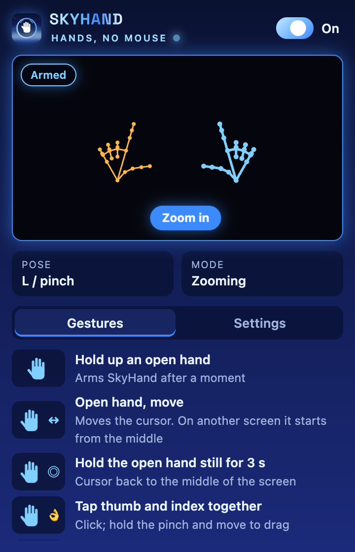 Zoom: Frame with both hands, thumbs in, to zoom; each hand is tracked on its own.