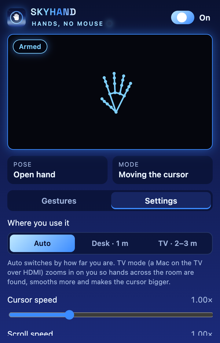 Settings: Where you use it: Auto, Desk (1 m) or TV (2–3 m). Cursor and scroll speed.